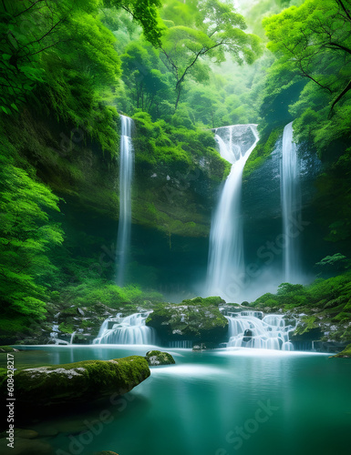 Serene and breathtaking landscape of a secluded waterfall nestled in a lush forest. © Kar