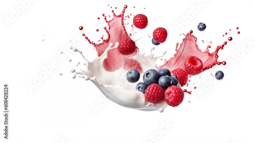 fruit milk splash with forest berries on white background, AI generated