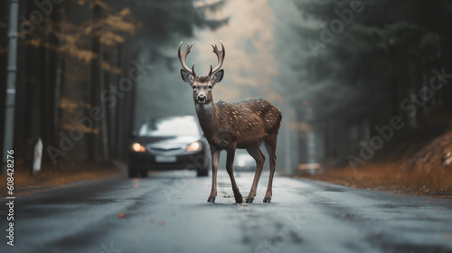 an adult deer on a wet road in front of a car in an autumn forest
