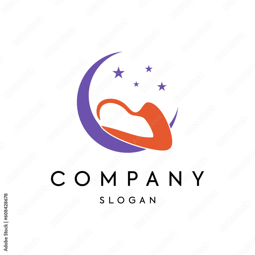 Fototapeta premium Abstract crescent moon and star logo with a smooth flowing orange shape on a dark background for sleep wellness products, nursery decor, and night time meditation brand identity projects.