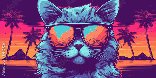 Coole Katze mit Sonnenbrille am Stand mit Palmen Synthwave Style - Generative AI photo