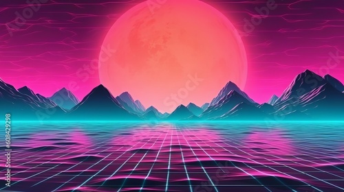 A futuristic sunset landscape with towering mountains. Generative ai