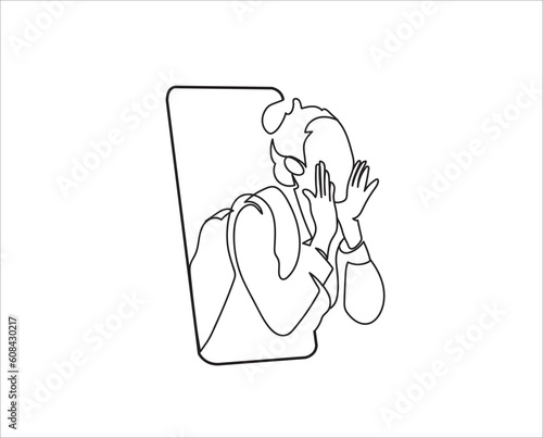 Drawing of a woman coming out of her smartphone screaming Happy social media day 