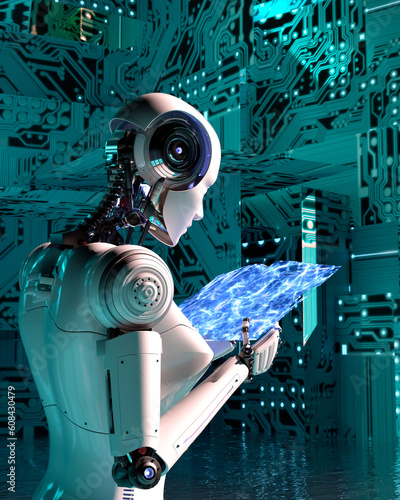 A female robot reading a book in electronic circuits background
