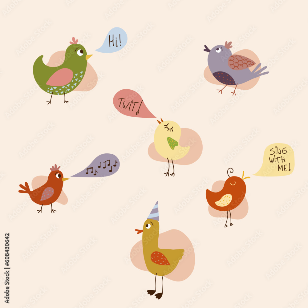 set of vector birds with text. cartoon illustration in childish style on beige background. set of vector birds with text. cartoon illustration in childish style on beige background.