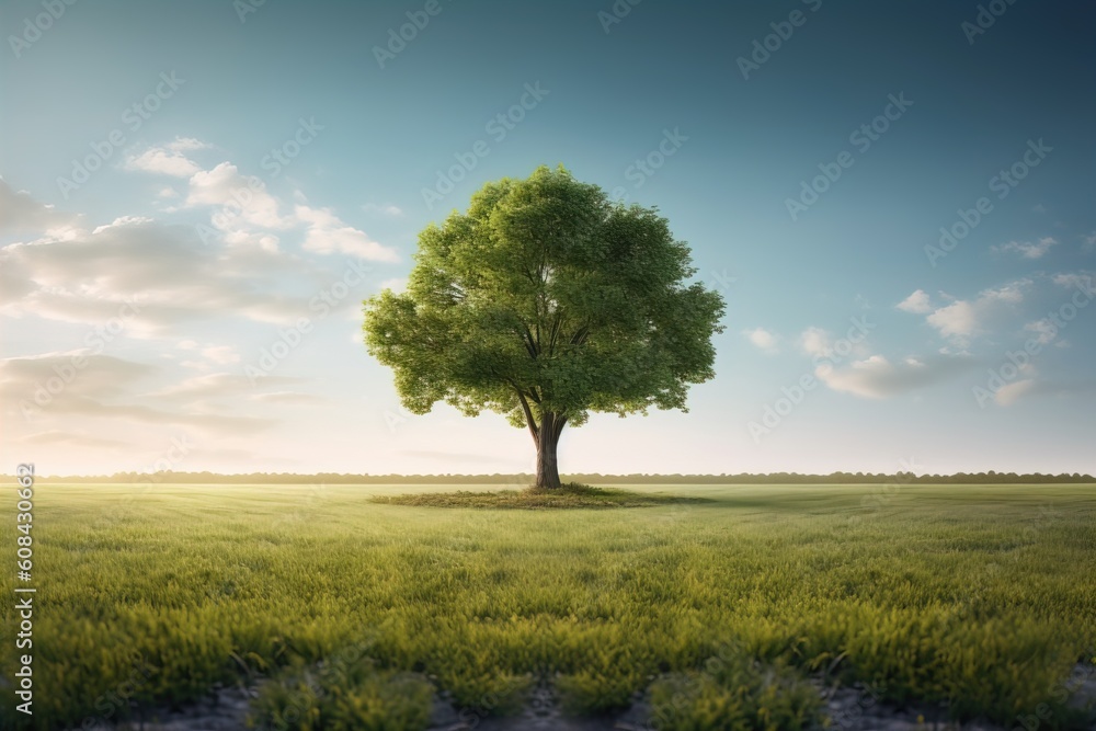 Tree in green field, Beautiful Spring Landscape under Blue Sky with white clouds Tree in green field, Beautiful Spring Landscape under Blue Sky with white clouds
