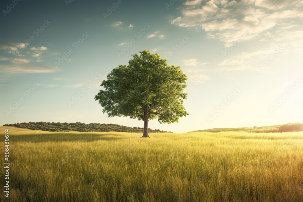 Tree in green field, Beautiful Spring Landscape under Blue Sky with white clouds Tree in green field, Beautiful Spring Landscape under Blue Sky with white clouds
