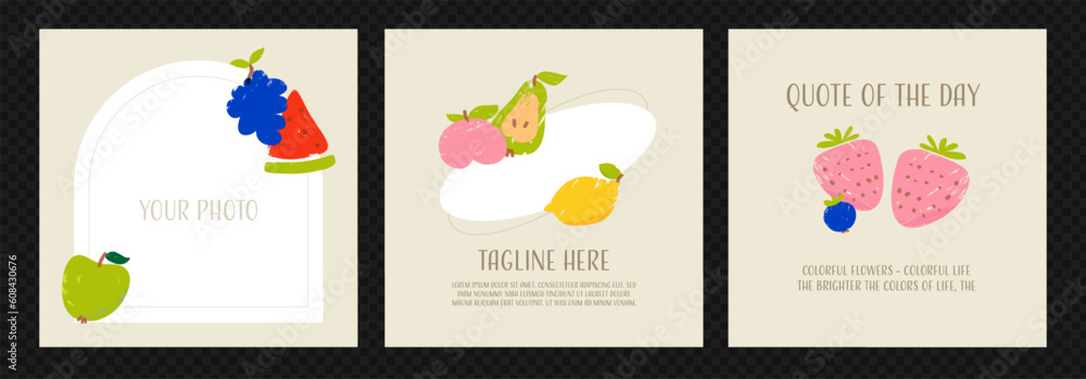 Pack of 3 IG templates in minimalist style on a transparent background. Templates for posts with vector illustrations of cute fruit. Quote of the day and photo frames