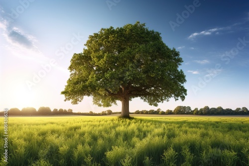Tree in green field, Beautiful Spring Landscape under Blue Sky with white clouds