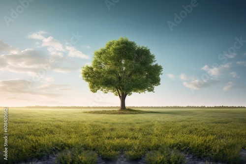 Tree in green field  Beautiful Spring Landscape under Blue Sky with white clouds