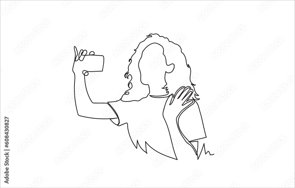  drawing happy woman make a vlog content with smartphone social media concept continuous line drawing vector 