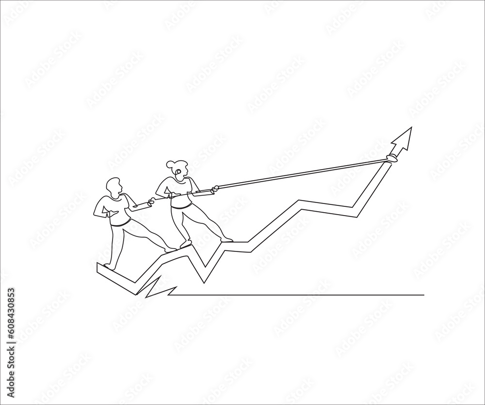 Continues line drawing businessman pulling performance graph rising up vector illustration 