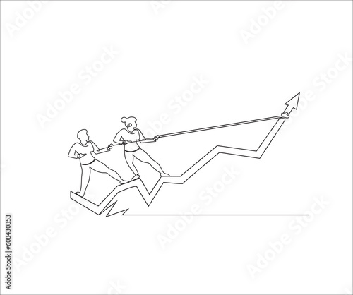 Continues line drawing businessman pulling performance graph rising up vector illustration 