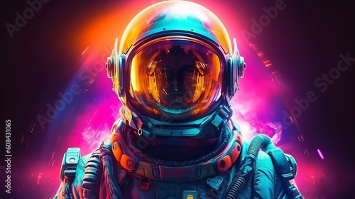 A man in a space suit standing in front of a colorful nebula. Generative ai