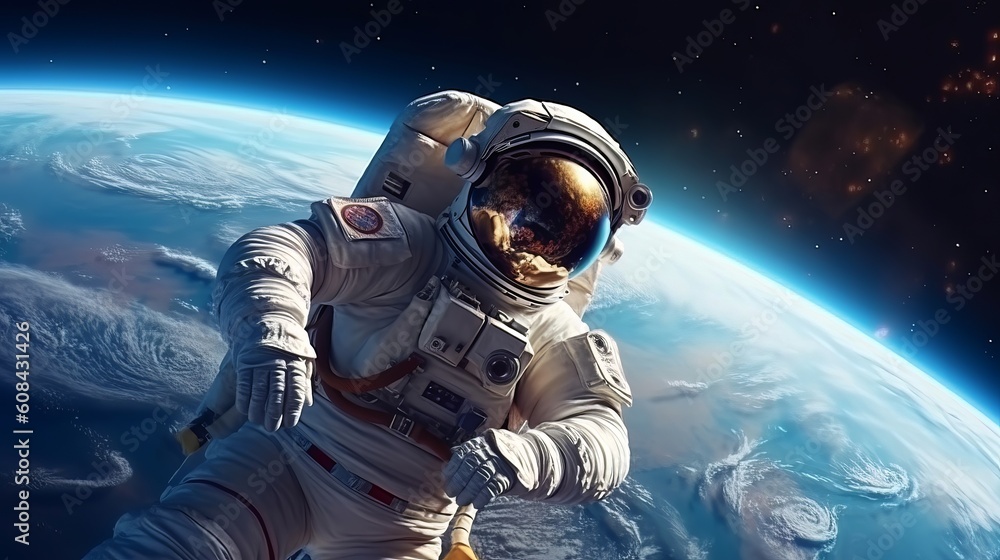 An astronaut in zero gravity, admiring the view of the Earth from space. Generative ai An astronaut in zero gravity, admiring the view of the Earth from space. Generative ai