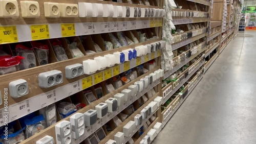 Wallpaper Mural Various electrical sockets, switches and other electrical equipment for wiring premises. Purchase of electrical goods for apartment repair. Electrical equipment store Torontodigital.ca