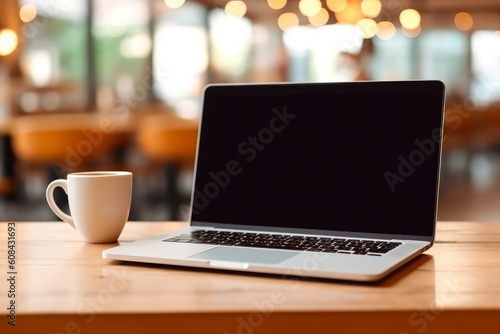 Laptop with a blank screen with cup beside it, placed on a table with a bokeh style background. Generative AI