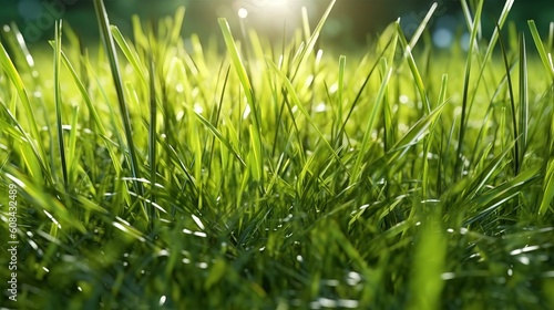 A sunny day with a close-up view of green grass and the sun shining in the background. Generative ai