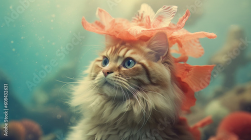 AI generated cat in a mermaid   costume for Halloween party © DyrElena