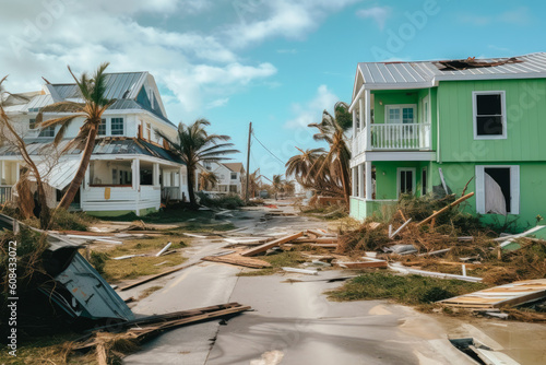 Whole neighborhood destroyed by a hurricane. Aftermath of a hurricane damaged houses and vehicles. Generative AI