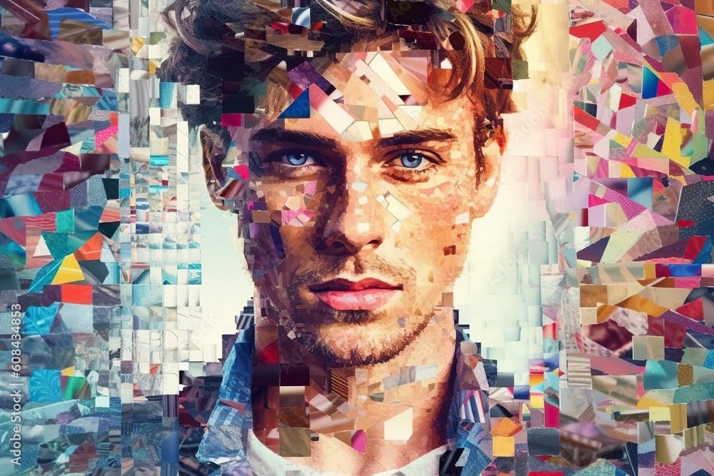 Conceptual portrait , human face is decomposed into colorful pixels. Ai generated.