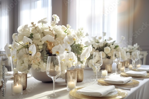 Detail of the beautiful decoration of the centerpieces of a wedding, with floral touches, in a bright restaurant. Ai generated. photo