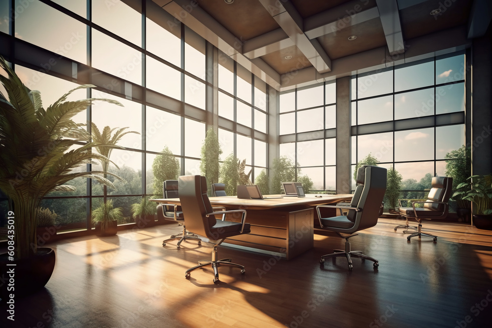 Fototapeta premium A beautiful, modern office scene without people. AI generative