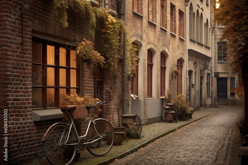 Quiet Dutch street in Amsterdam, with its traditional bicycles. Ai generated.