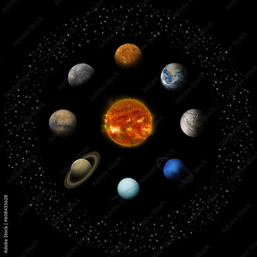 Naklejka premium Solar system planets, Sun and asteroid belt isolated on black. Elements of this image furnished by NASA.