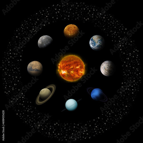 Fototapeta Naklejka Na Ścianę i Meble -  Solar system planets, Sun and asteroid belt isolated on black.  Elements of this image furnished by NASA.