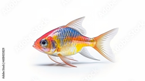 A vibrant blue and yellow fish swimming in clear water. Generative ai