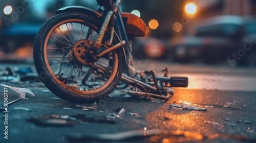 Close-up of a bicycle accident on the city street.broken bike on the roadway.bicycle wheel after an accident on the road. life insurance and protection concept.Generative AI