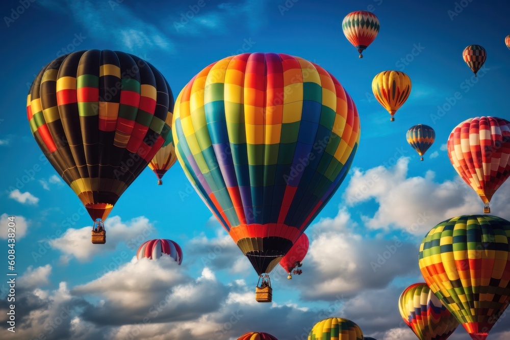 balloon festival .colorful balloons against a blue sky with clouds. Generative AI