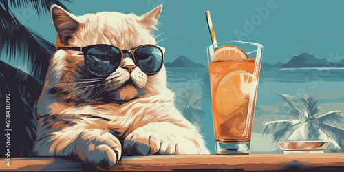 Coole Katze mit Sonnenbrille und Cocktail am Strand unter Palmen - Generative AI photo