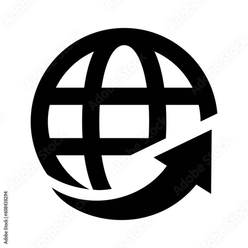 Black single international globe with rise  turn up arrow icon, infographic interface concept elements, app ui ux web button logo, graphic pictogram flat design vector isolated on white background