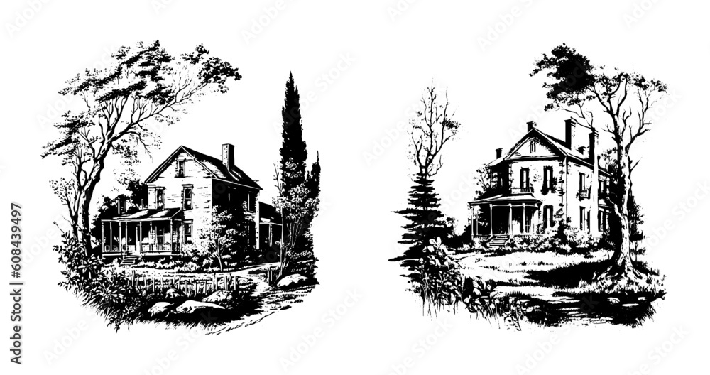 Vector set of farmhouse. Black and white style. Country life. Housewife. American lifestyle. Ideal for postcard, book, poster, banner. Vector illustration