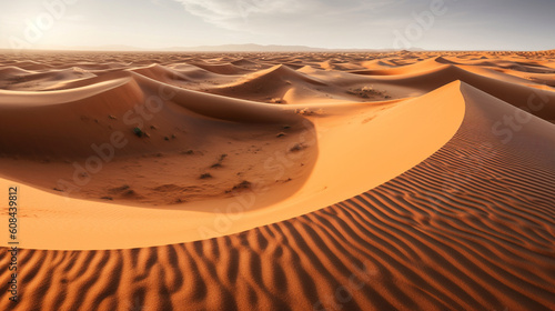 A vast sandy desert stretching as far as the eye can see  with wind-blown ripples creating mesmerizing patterns on the dunes Generative AI