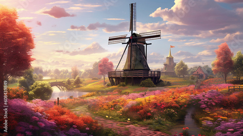 A windmill overlooking a picturesque countryside, with vibrant fields of blooming flowers swaying in the wind, creating a scene of pastoral beauty Generative AI