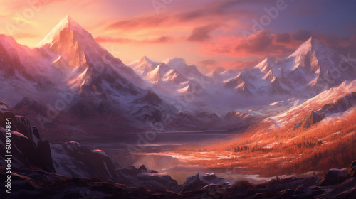 A snow-covered mountain range at sunrise, with soft pink hues illuminating the peaks and casting a warm glow over the icy landscape Generative AI