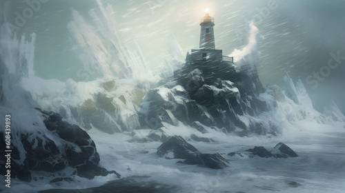 A blizzard engulfing a lighthouse on a rocky coastline, with waves crashing against the cliffs and a beacon of light barely visible through the snowfall Generative AI