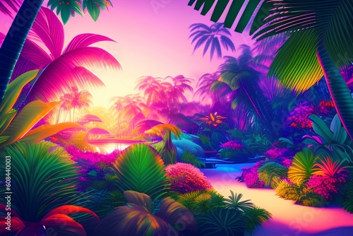 tropical dreamscape with vivid light in tropical garden - generative ai