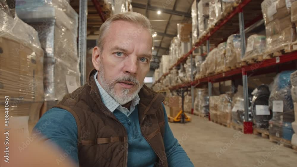 Handheld POV of mature Caucasian male warehouse supervisor speaking at camera while recording video blog at workplace during inventory Handheld POV of mature Caucasian male warehouse supervisor speaking at camera while recording video blog at workplace during inventory