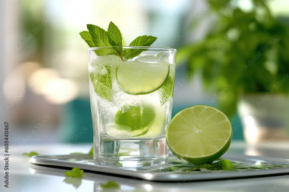 Mojito, traditional Cuban cocktail made with white rum, sugar, lime juice, sparkling water, and mint leaves. Generative AI. Mojito, traditional Cuban cocktail made with white rum, sugar, lime juice, sparkling water, and mint leaves. Generative AI.