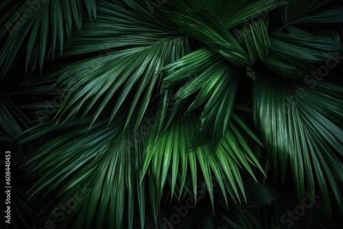 Green wall from palm leaves, green texture. Generative AI © Margo_Alexa
