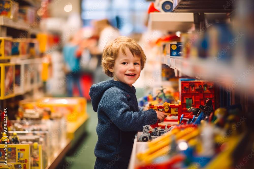 Young boy buying toys at the toy store. Generative AI Young boy buying toys at the toy store. Generative AI