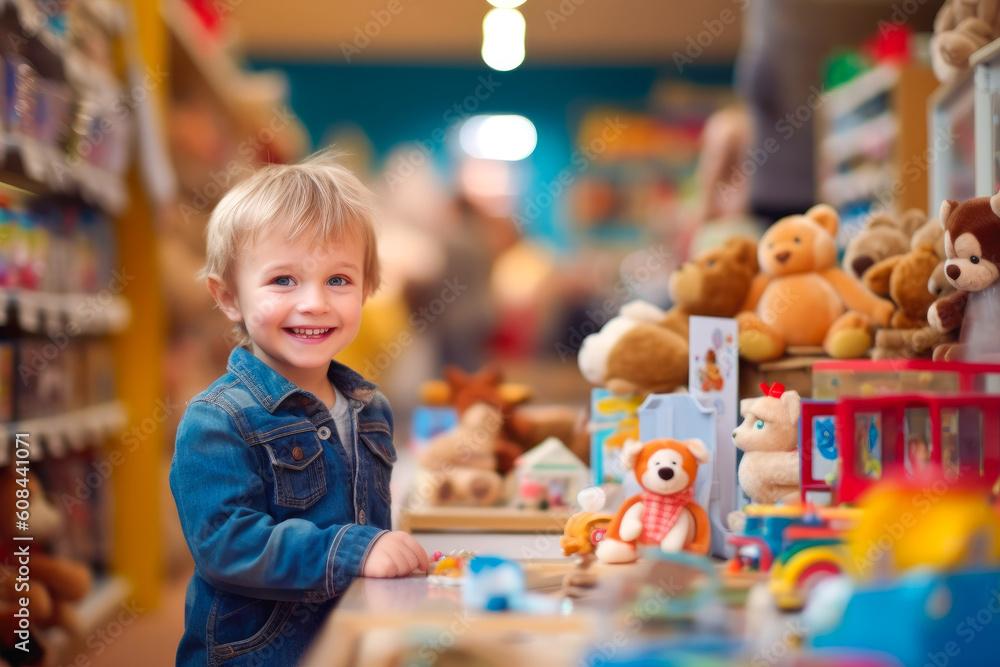 Young boy buying toys at the toy store. Generative AI - obrazy, fototapety, plakaty 