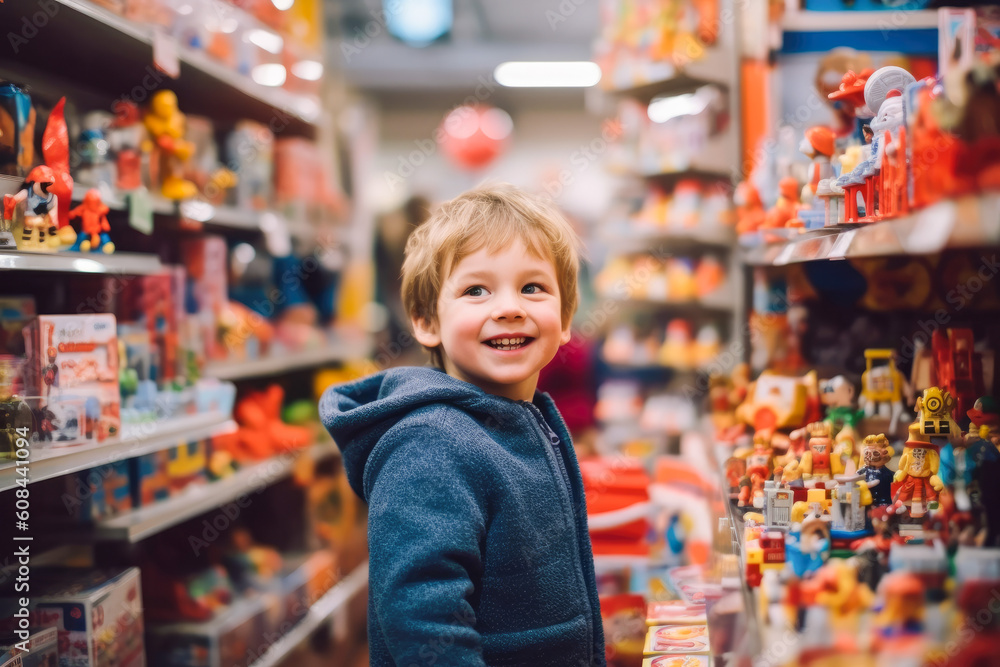 Young boy buying toys at the toy store. Generative AI