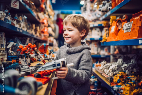 Young boy buying toys at the toy store. Generative AI © MVProductions