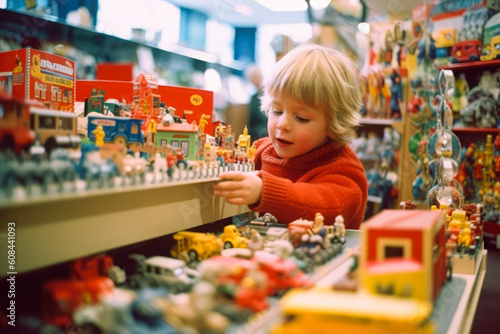 Young boy buying toys at the toy store. Generative AI