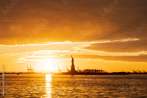 Sunset in New York passing through the statue of liberty of Liberty 